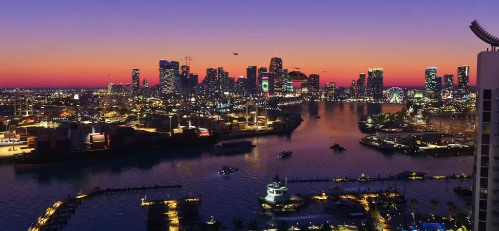 Vice City GTA 6 nuit néons gratte-ciels trailers officiels