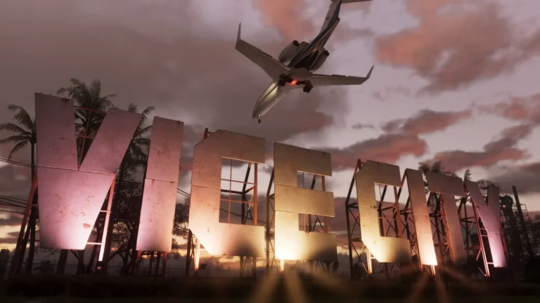 Panneau Vice City dans GTA 6 avec un avion au coucher de soleil. Image