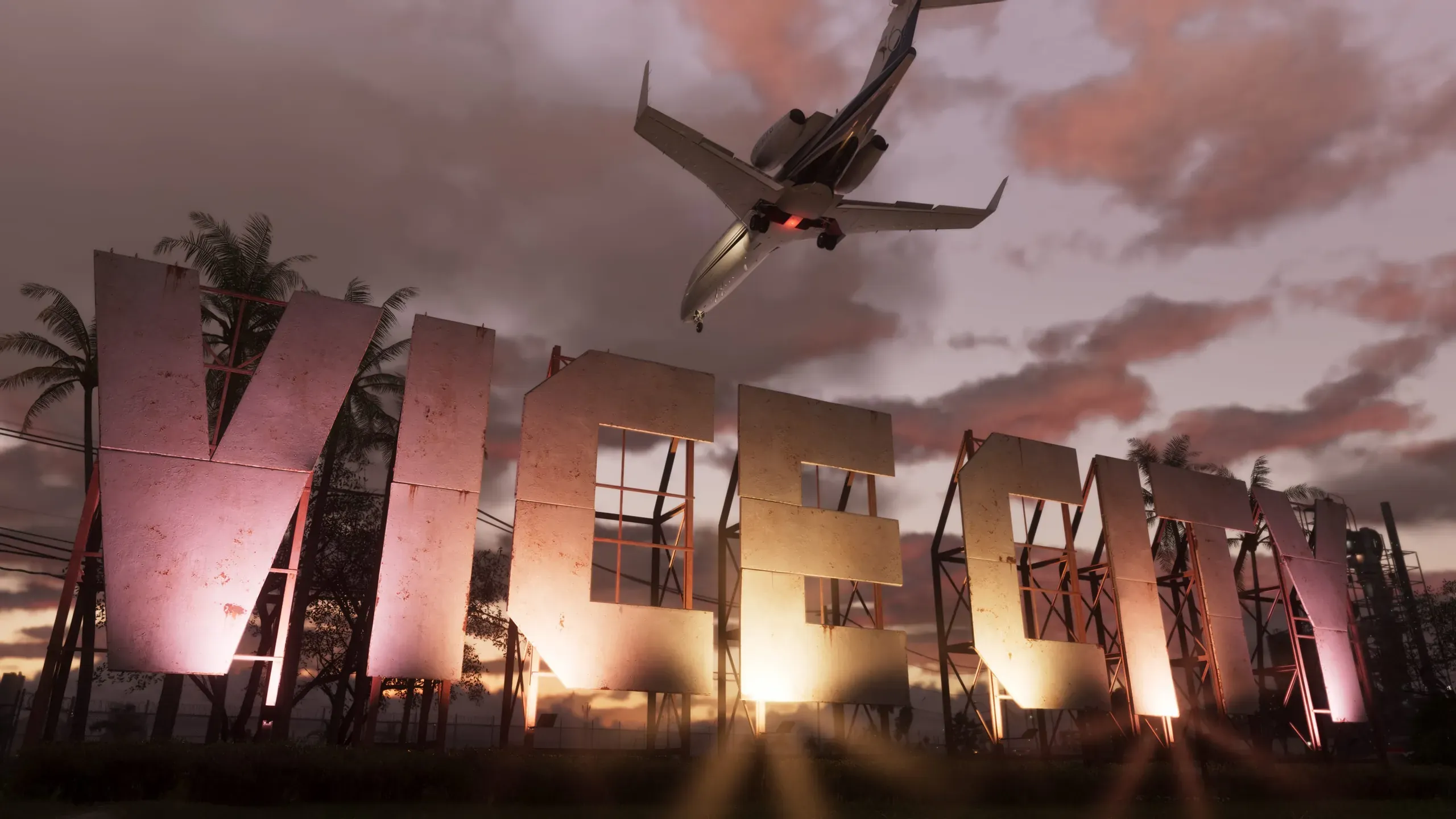 Panneau Vice City dans GTA 6 avec un avion au coucher de soleil. Image